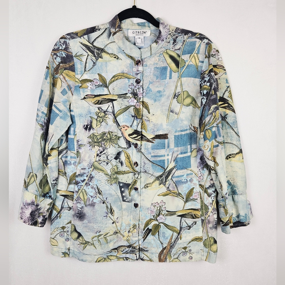 Citron Santa Monica Bird Print Button-Up Blouse Jacket Silk/Linen Medium